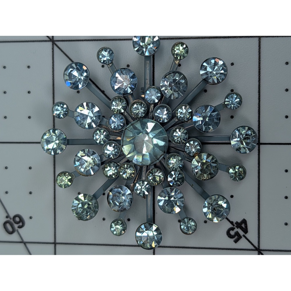 Vintage Blue Rhinestone Starburst Brooch Atomic Sunburst Mid Century Pin 2 Inch